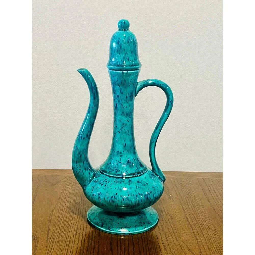 1970s Studio Pottery Genie Bottle Signed Teal Blue Speckled Glaze MCM Boho Decor